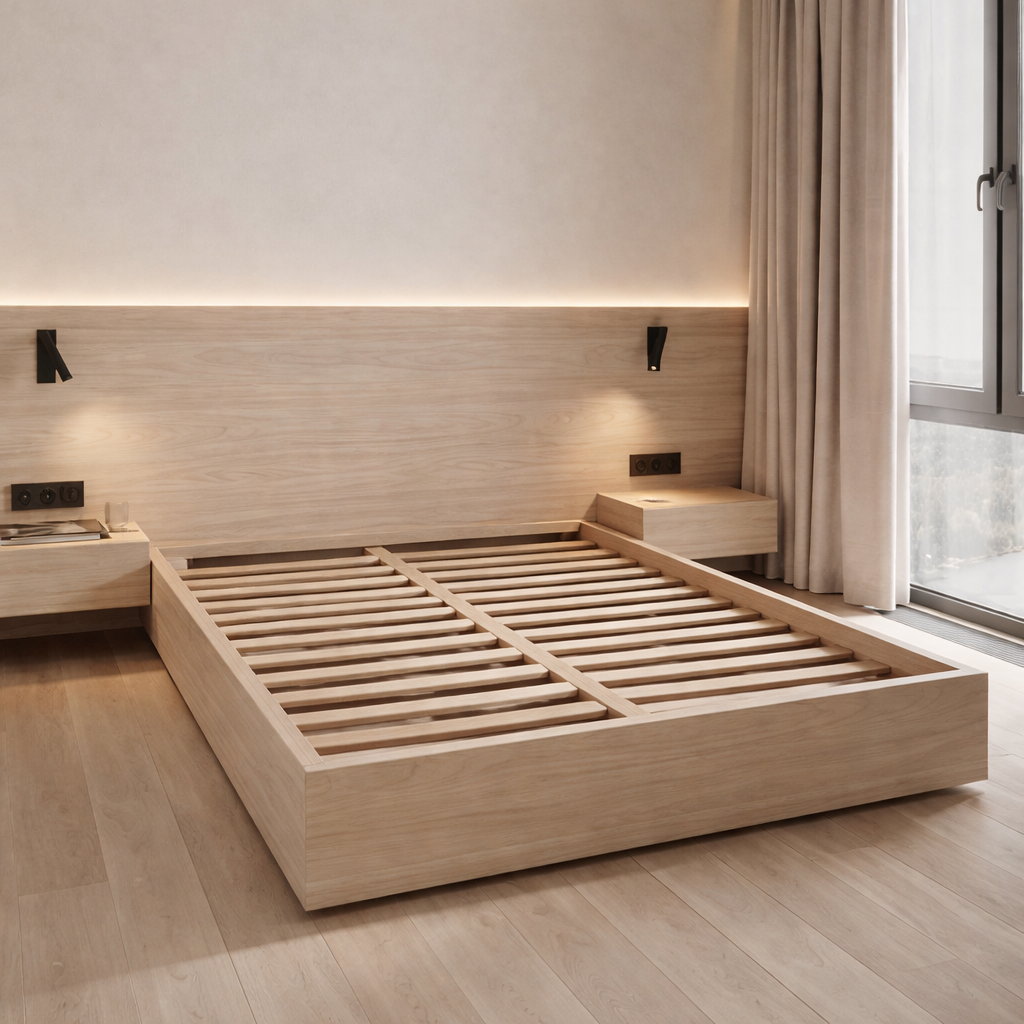 Lit plateforme en mélaminé avec tête de lit 120 cm, éclairage et prises intégrées